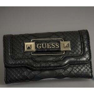 GUESS Black Studded Zip Around Wallet Snakeskin Texture Women Long Wallet